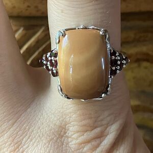 Natural Caramel Opal Red Garnet Sterling Silver Cocktail Ring Size 10